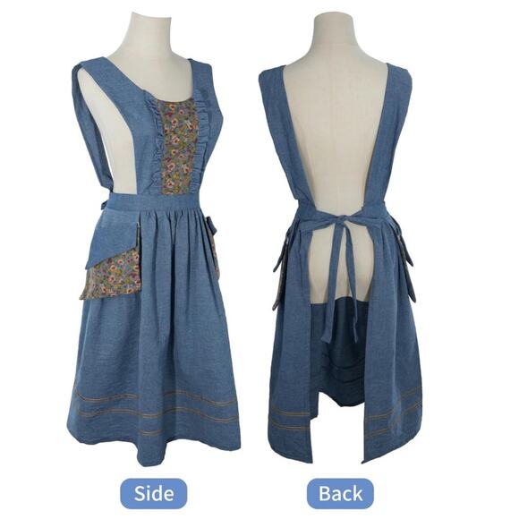 Vintage 60’s 70’s Pinafore Apron Blue Denim Floral Ruffle Dress One Size Cottage - Picture 1 of 10